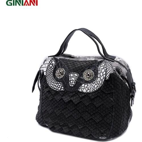 GINIANI Genuine Cow Leather Womens High Quality Serpentine Small Handbag Ladies Carton Animal Owl Little Shoulder Bags