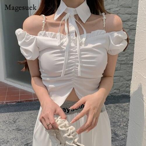 Sexy Slash Neck Short Blouse 2021 Chic Summer Office Lady Women Shirt Off Shoulder Solid Puff Sleeve Tops for Women Blusa 14433