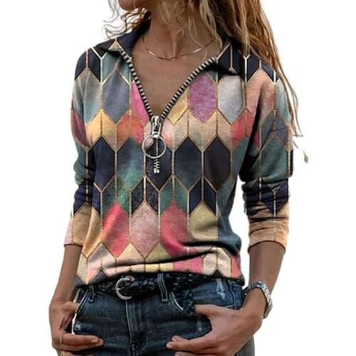 2020 Winter Warm Fashion Blouse Women Long Blouse Shirt Heart Pattern Zipper Design Abstract Print Blouse drop shipping