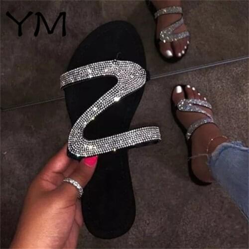 Women Summer Flat Slippers Rhinestone Shoes Open Toe Roman Beach Sandals Ladies Sexy Flip Flops Platform Silver Non-slip Slides