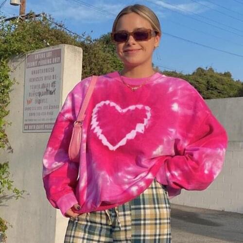 Pink Tie Dye Heart Print Casual Oversized Crewneck Sweatshirt 2021 Autunmn Fashion Streetwear Cotton Crewneck Pullovers Women