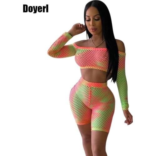 Fishnet Sexy Two Piece Set Shorts and Crop Top Set Women Summer Festival Clothes Sheer Mesh 2 Piece Sexy Women Set Club Outfits