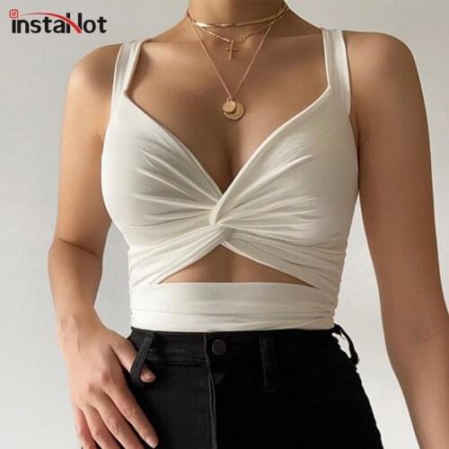 InstaHot Women Folds Hollow Out Tank Top Sleeveless Backless Basic Casual Summer 2021 Female Cropped Top Slim Streetwear Tank
