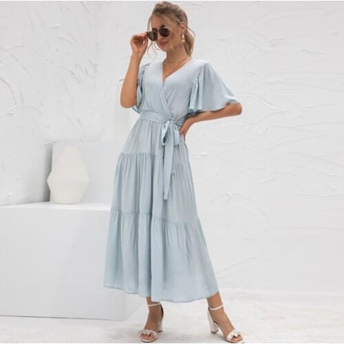Casual Ruffles Pure Color Midi Dress Women Summer Fashion Flare Sleeve V-neck Dresses For Women 2021 Blue Lace Up Robe Femme