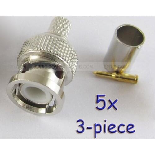 5x BNC Male Crimp Plug for RG59 Coaxial Cable 3-piece Crimp Connector CCTV Surveillance