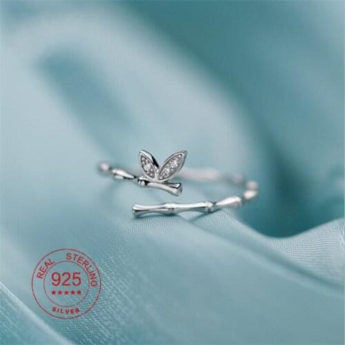 925 Sterling Silver Minimalist Zircon Bamboo Knot Ring For Women Fashion Fine Leaf Geometric Adjustable Jewelry Accessories Gift
