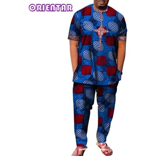 African Men Clothes 2021 Summer Short Sleeve Dashiki Shirt and Long Pants Set Traditional African Clothing Men Suits WYN1390