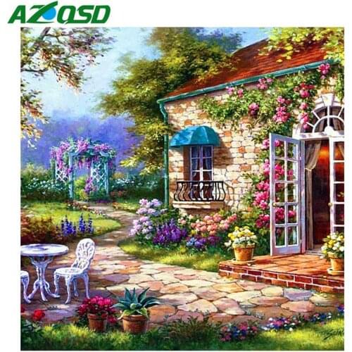 AZQSD Diamond Painting Scenery House Diamond Embroidery Landscape Picture Of Rhinestones Diamond Mosaic Full Layout Home Decor