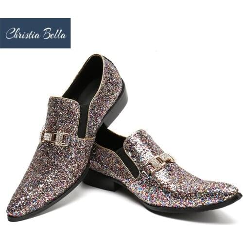 Christia Bella Mens Flats Sequins Shoes Luxury Men Party Wedding Handmade Loafers Glitter Dress Shoes Diamond Smoking Slippers
