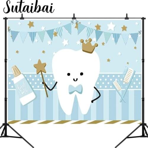 First Tooth Party Backdrop Boy Blue Banner Decoration Supplies Stars Flag Toothpaste Toothbrush Background Selfie Photobooth