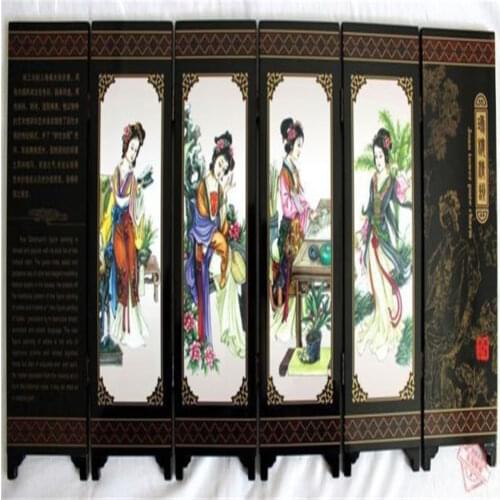Mini ) Exquisite Chinese collection Lacquer ware painting beautiful Belles folding screen
