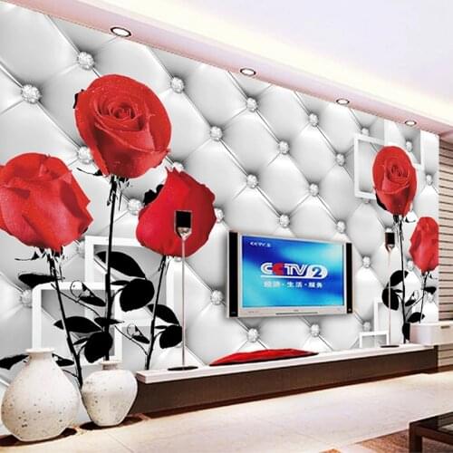 Red Rose Flower Wall Painting 3D Stereoscopic Soft Case Leather Mural Wallpaper Living Room Sofa TV Background Photo Wall Paper