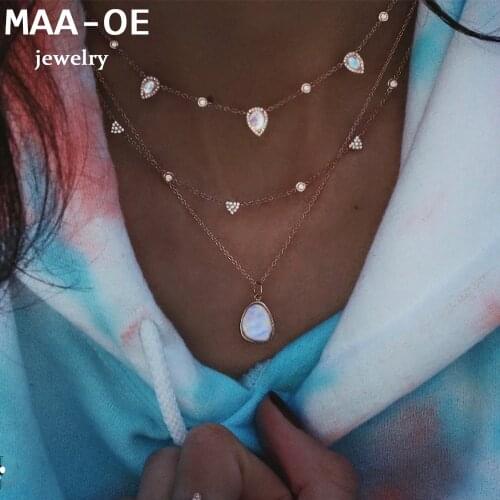 Fashion Gold Crystal Heart-shaped Water Drop Opal Pendant Necklaces For Women Necklace 2020 Multilevel Female Boho Jewelry Gift