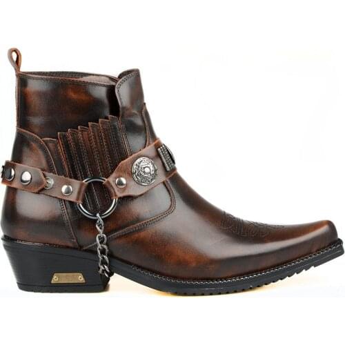 FootCourt- Brown Genuine Shearling Leather Shoes For Men Ankle Cowboy Boots Winter Snow Fur Inside Warm Western Retro Male shoes