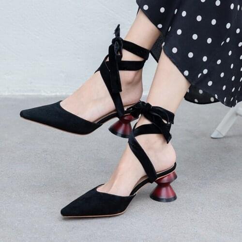 Mules Shoes Women Cross-tied Woman Pumps Pointed Toe Strange Style Ladies Party Shoes Flock Sexy Heels Female High Heel Shoes