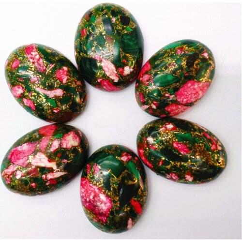 6Pcs 25x18x7mm Green And Rose Gold Sea Sediment Jasper & Pyrite Oval Cab Cabochon DIY Jewelry Making Accessories M327