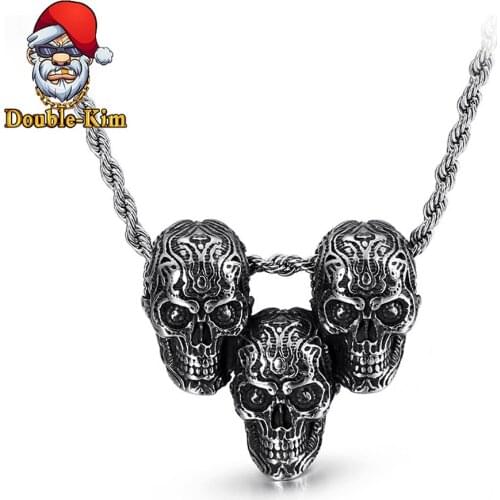 Three Skulls Head Pendant Necklace Men Hiphop Street Culture Titanium Stainless Steel Fashion Trendy Necklace Man Jewelry Gift