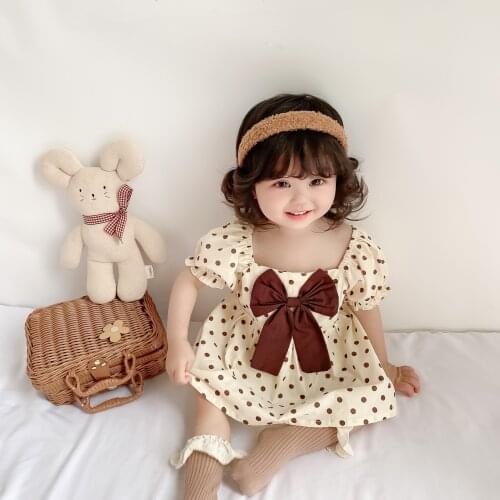 Girls dress Korean polka dot western style baby bow princess dress pure cotton short-sleeved skirt
