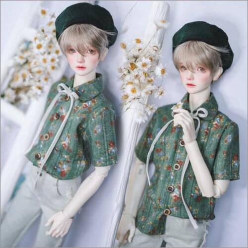 NEW BJD Doll Clothes Shirt Green Floral Print Short-Sleeve with Ribbon Linen Top Cute round-Neck Suitable for 1/41/3 Uncle