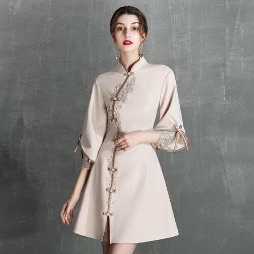 Chinese Traditional Dress Qipao for Women Fashion Vintage Lace Cheongsam Vestidos Autumn Sexy Elegant Party Wedding Clothing