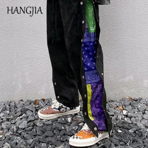 Harajuku Streetwear Side Buttons Split Sweatpant Mens Baggy Trousers Cashew Flowers Ankle Split Suede Joggers Sweat Pants Women