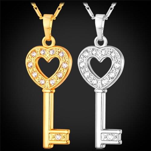 Vintage Key Heart Necklace For Women Men Jewelry Trendy Romantic Gift Rhinestone Gold/Silver Color Pendant Necklace P1043