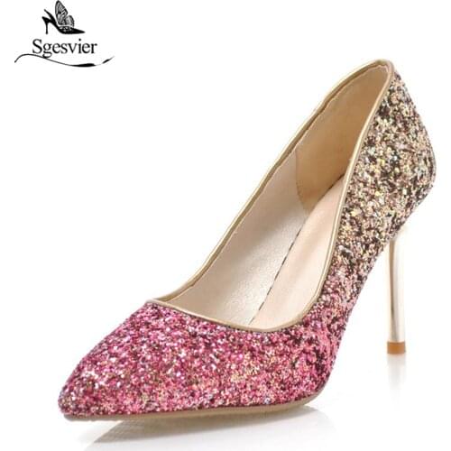 Sgesvier Fashion Sequins Cloth Thin Heel Mix Colors Women Pumps Shoes Shallow Pointed Toe Dance Dress Party Shoes Ladies B268