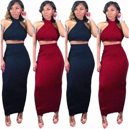European style crop top and maxi skirt set summer halter knitted bodycon 2 pieces outfits for women DL5043