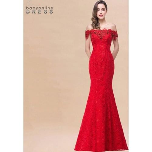 Elegant Red Mermaid Lace Long Evening Dress In Stock Cap Sleeve Beaded Evening Party Dresses with Crystals Robe De Soiree