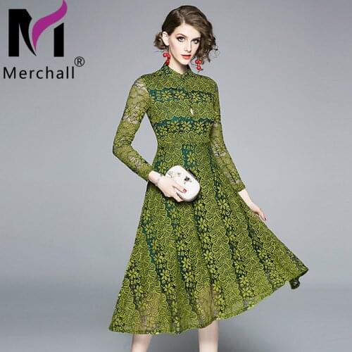 Spring Autumn Lace Green Dress 2021 Runway Woman Elegant O Neck Long Sleeve A Line Midi Party Dresses Office Lady Vestido M66264