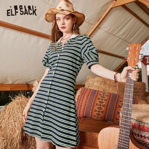 ELFSACK Colorblock Striped Chic Casual Preppy Slim Dresses Women,2021 Summer ELF Vintage High Waist Sexy Ladies Daily Dress