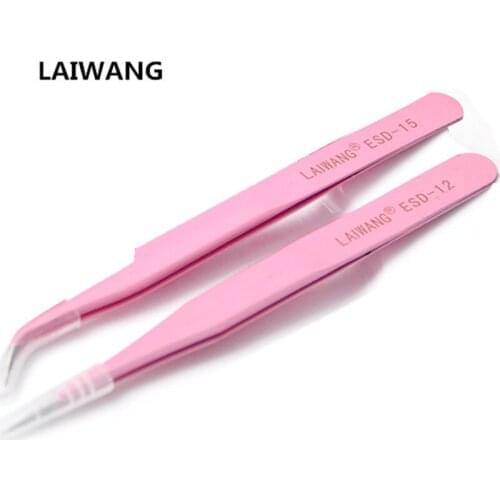 2PCS LAIWANG Professional Pink Straight & Curved Stainless Steel Tweezers Set for Eyelash Extensions Nail Art Nippers Tools