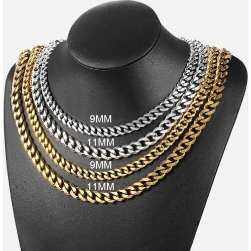 9/11mm Stainless Steel Necklace For Women Men Black Gold Silver Color Curb Cuban Link Chain Jewelry Gifts Wholesale LKN408
