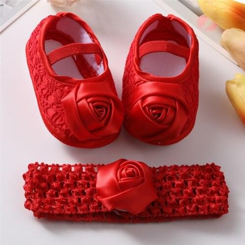 Newborn Baby Shoes Baptism White Bowknot Baby Girl Lace Shoes Headband Set Toddler Prewalker Cute Baby Soft Shoes for 0-18M Kids