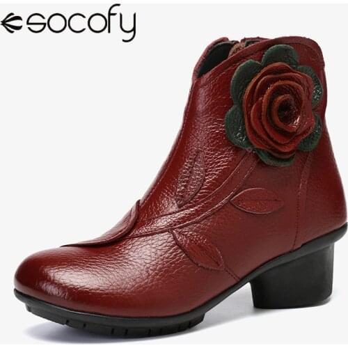 SOCOFY Handmade Boots Flower Solid Color Womens Low Heel Genuine Leather Soft Short Boots Women Shoes Botas Mujer 2020