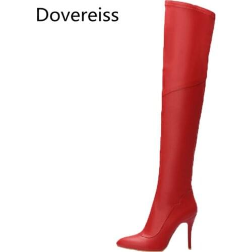 Dovereiss Fashion Womens Shoes Winter new Pointed Toe Stilettos Heels Sexy Elegant red Over the knee boots Concise Mature 10CM