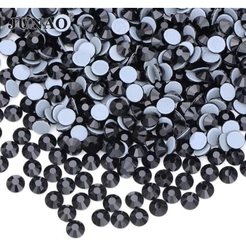 JUNAO SS6 8 10 16 20 30 Bling Black Hotfix Rhinestones Flat Back Hot Fix Crystals Strass Round Glass Stone for Clothes Shoes