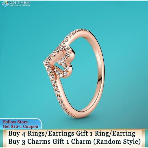 Ahthen 925 Sterling Silver Rings Sparkling Rose Wishbone Heart Ring 925 Silver Women Ring Ngagement Ring Women Jewelry Girl Ring