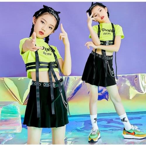 Yellow Short Sleeved Crop Tops For Girls Black Skirt Jazz Dance Clothes Kids Cheerlead Performance Costume Modern Wear DNV14807