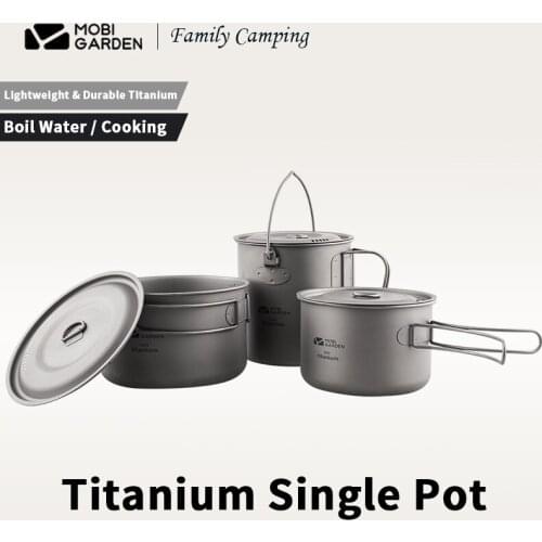MOBI GARDEN Picnic Cookers 3 Sizes Camping Titanium Pot 1.3L/1.2L/0.8L Ultra Light Big Pot With Pot Cover Outdoor Hanging Pot
