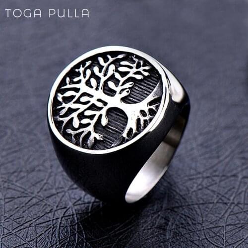 Cool 316L Stainless Steel Mens Tree of Life Signet Ring Men Simple Nordic Viking Rings Male Viking Amulet Punk Biker Ring