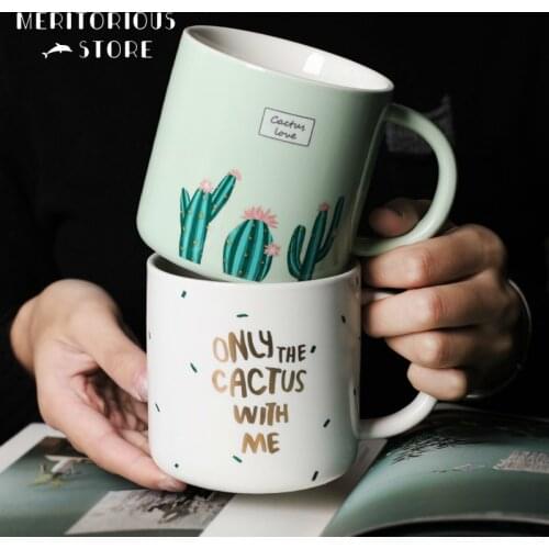 Beautiful 300ml Cute Cactus Mug Letter Ceramic Cups Nordic Simple Coffee Milk Mug with Handle Office Household Water Cup