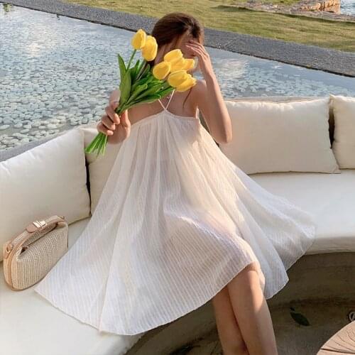 Summer WomenS Sweet style Backless Casual Halter sleeveless white Dresses Seaside vacation beach dress 2011 party dress