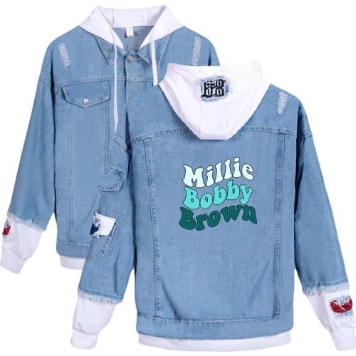 Millie bobby brown Fashion Denim Jacket With Ripped Stitches Women/Men Hot Sale Fake two Hooded Cool Cowboy Jackets