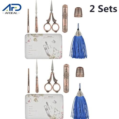 1/2 Sets Exquisite Vintage Scissors Set with Box Embroidery Sewing Scissor Thimble Awl Needle Storage Tube Sewing Cross Stitch