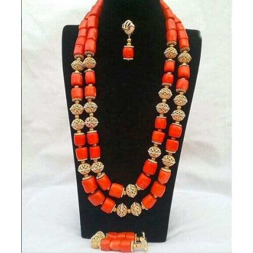 Nigerian Wedding African Coral Beads Jewelry Set Coral Necklace Earrings for Women Bridal Statement Jewelry Free Shipping CNR823