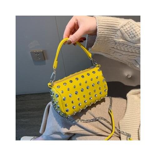2020 new ins wild rivet shoulder messenger bag chain fashion pillow bag personalized pu cylinder women yellow bag