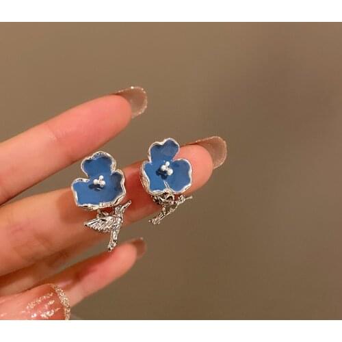 Origin Summer Unique Design Little Bird Flower Dangle Earring for Women Blue Enamel Metal Statement Earring Jewelry Pendientes