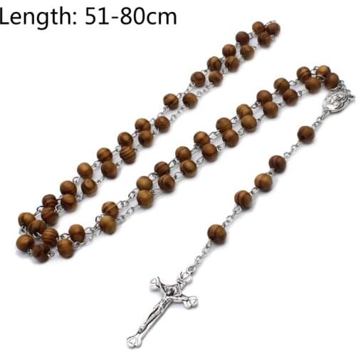 Retro Wooden Rosary Beads Necklace for Women Cross Jesus Pendant Religious Gifts