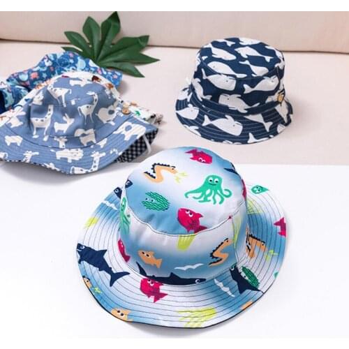 New Bucket Hat Cute Cartoon Animals Giraffe Shark Outdoor Wide Brim Cotton Kids Children Bucket Cap for Boys Girls Baby Hat